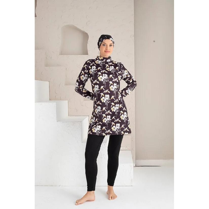 New Blue 2-piece Muslim Women's Modest Muslim Floral Print Seaside Swimwear Full Coverage Swimsuit Set Islamic Hijab Beachwear Burkini Swimsuit