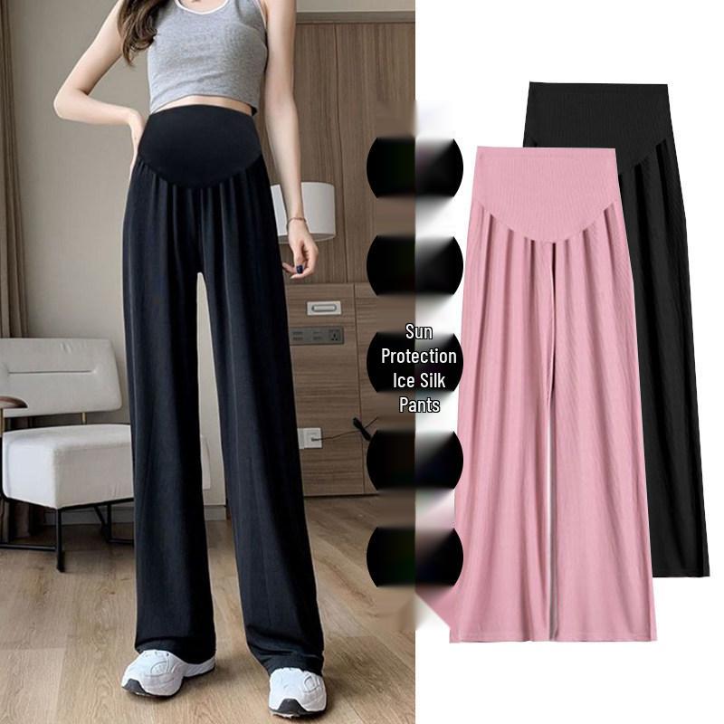 High Waist Wide Leg Ice Silk Maternity Pants for Spring and Summer Sun Protection
