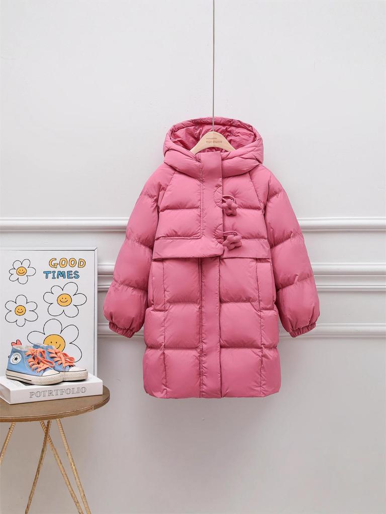 2025 Winter Girls' Warm Mid-Length Solid 90% White Duck Down Puffer Jacket