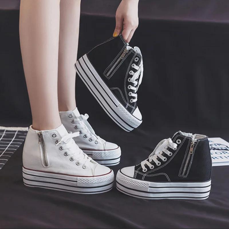 fashion Women's Canvas Shoes Inner Height Increase 2024 Summer Autumn New Style Zipper Skateboard Shoes Versatile Thick Bottom Clog