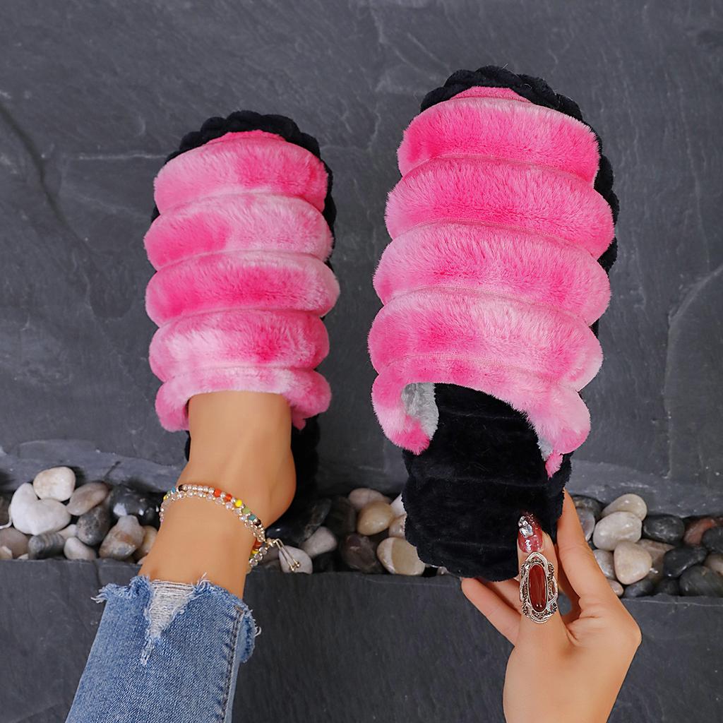 Fluffy Slippers Female 43 Big Size Home Colorful Leopard Print Bao Head Plush Home Cotton Slippers