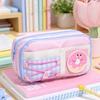 Cute Donut & Cheese Cartoon Pencil Case, Large Capacity Multi-layer Plaid Patch Pen Pouch for School Supplies