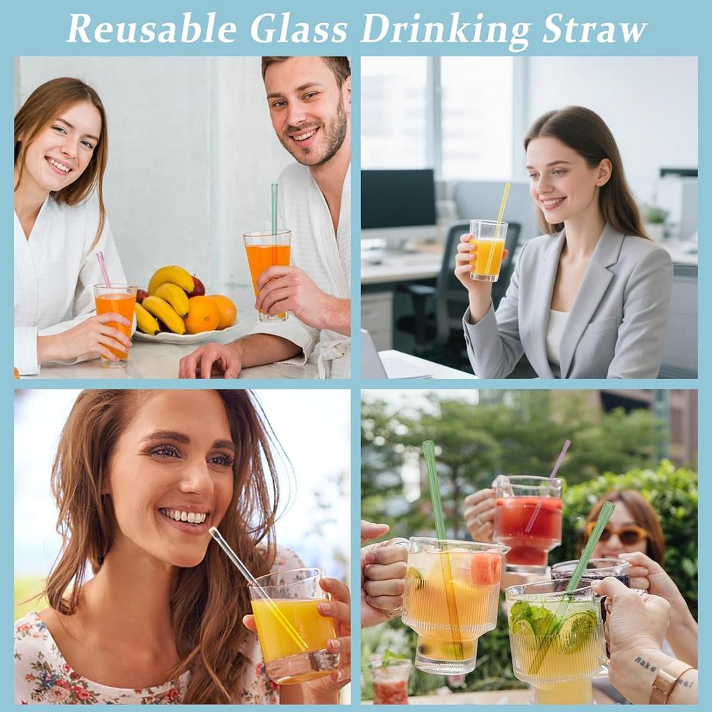 7.9 in Anti Wrinkle Straw, 5 Pcs Flat Mouth Glass Straws Shatter Resistant for Lip Wrinkles Prevention with Cleaner Brush, Reble Glass Drinking