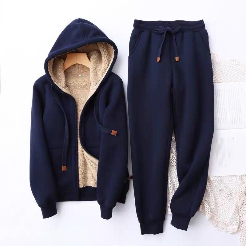 Women's Winter Thickened Padded Comfortable Solid Color Leisure Simple Suit Long-sleeved Hooded Top + Pants Two-piece Set