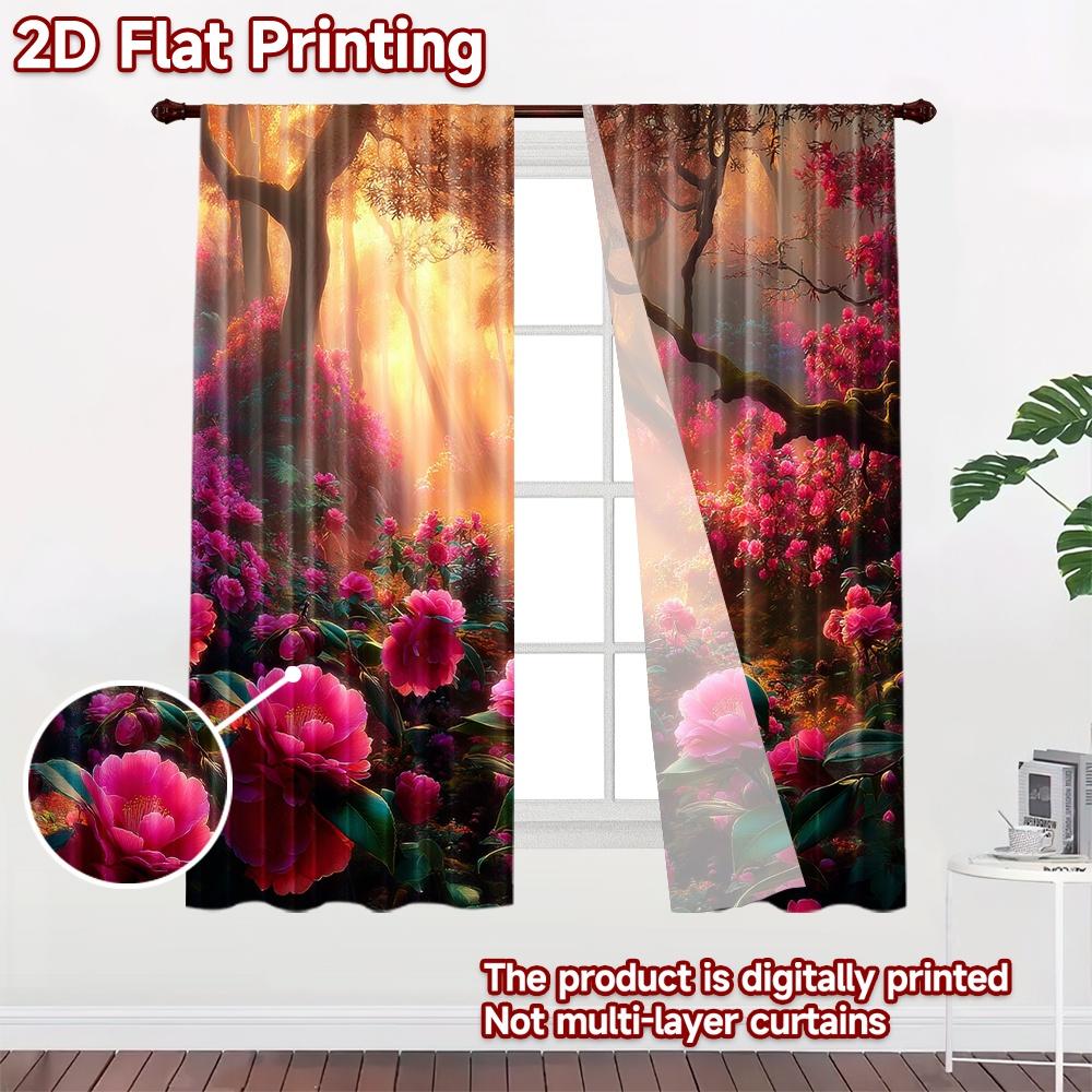 2D Flat Printing 2pcs Window Curtains Enchanted Forest Pink Camellias Digital Printed Polyester Drapes Festive Wall Decor