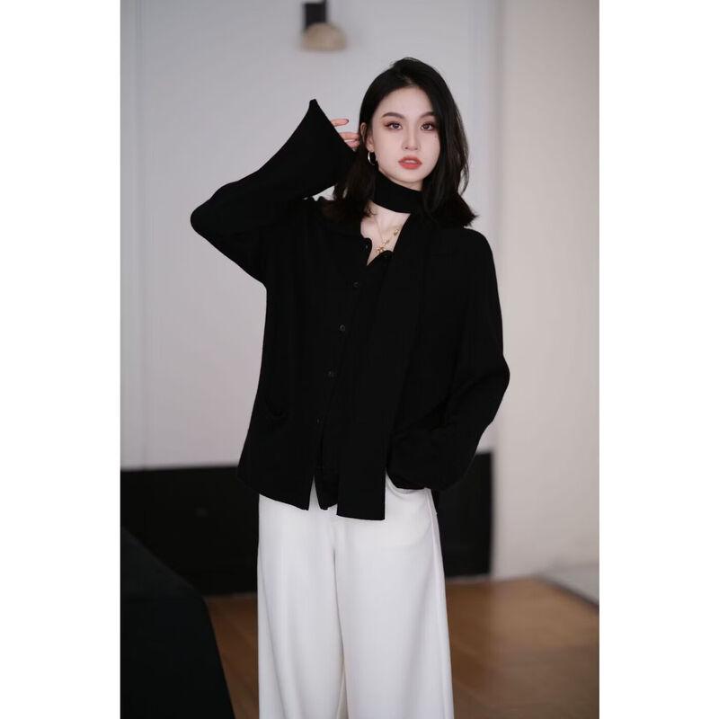 PRASE Women s Wool Blend Ribbon Tie Shirt Collar Sweater L