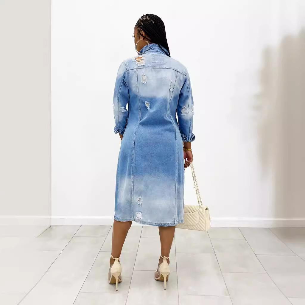 Ripped Raw Hem Button Front Longline Denim Coat Women Cardigan Breasted Holes Jackets Pockets High Street Outerwear Autumn