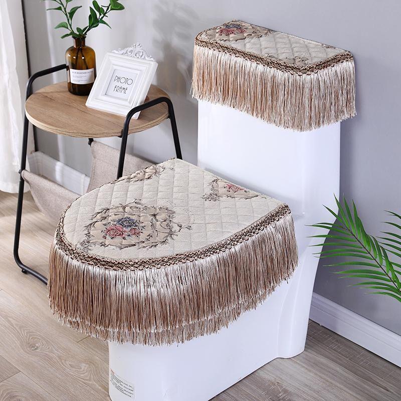 Universal European Style Double-Sided Toilet Seat Cover Set with Zippered Lace Fabric - All Seasons, Three-Piece Set.