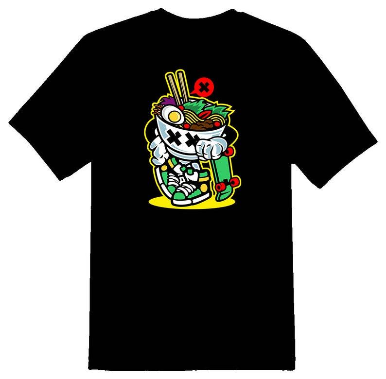 Ramen noodles skateboard dude cartoon Tee shirt black 100