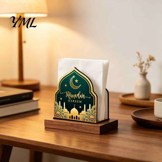 Wooden Tissue Dispenser Napkin Holder, Ramadan-themed Paper Towel Dispenser, Crescent Mosque Stable Organizer Pattern Decorative Holder for