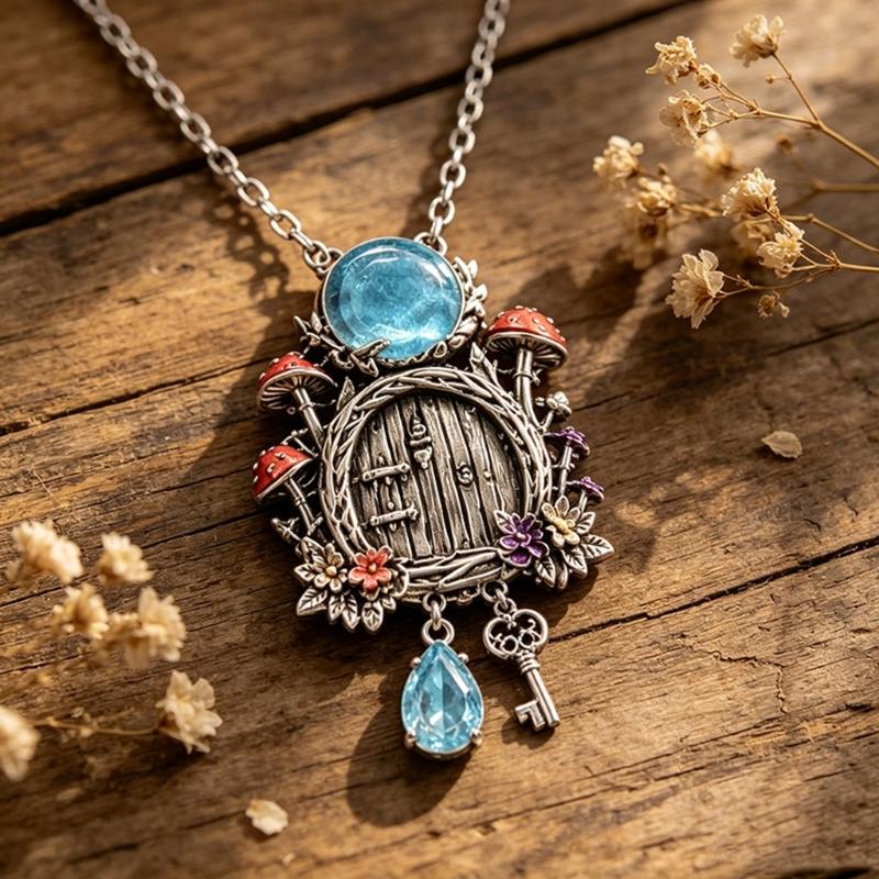 Mushroom Cottage Pendant Necklace with Dimensional Relief, Floral and Leaf Details, Blue Teardrop Dangle, and Vintage-Inspired Alloy Finish