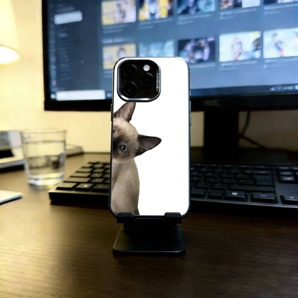 S-Siamese Cat Cute Phone Case For iPhone 17,16,15,14,13,12,11 Plus,Pro Max,XS,Colored Silver Plated Inside Cover