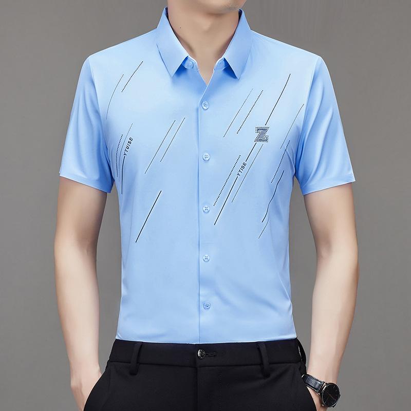 Men Summer Ice Silk Short Sleeve Shirt Business Casual Wrinkle Free All-match Shirt
