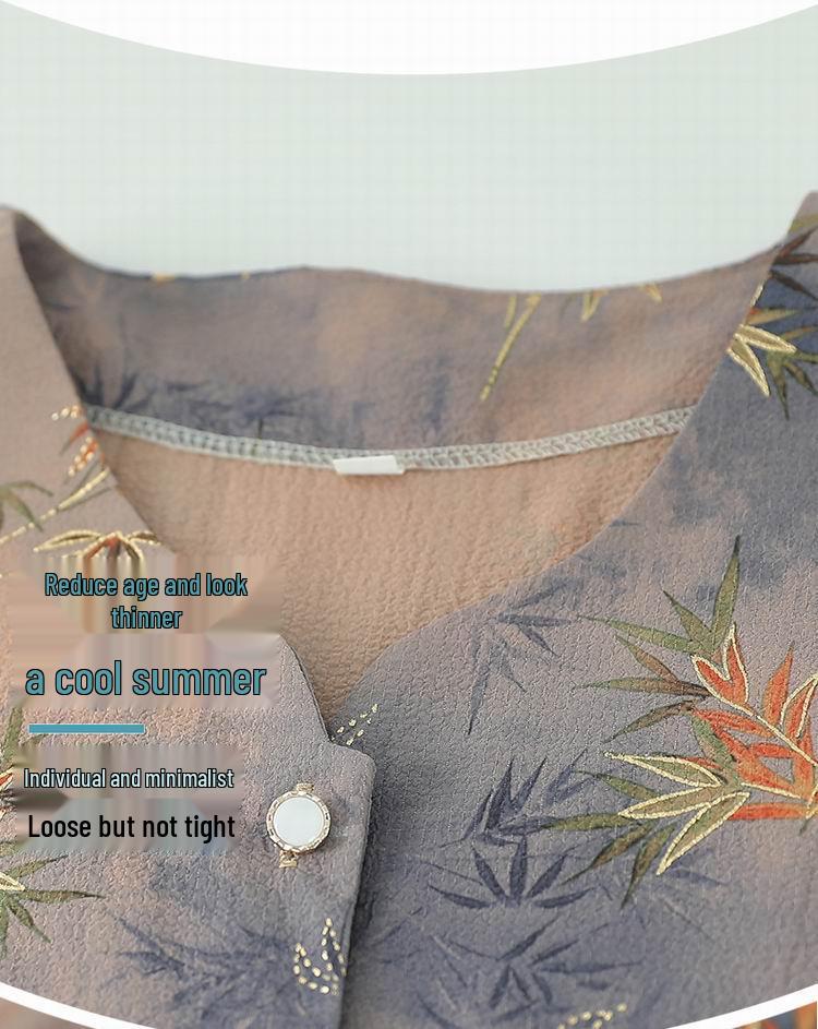 Grandma's Summer Two-Piece Set: Short-Sleeve Round-Neck Shirt for Middle-Aged and Elderly Women