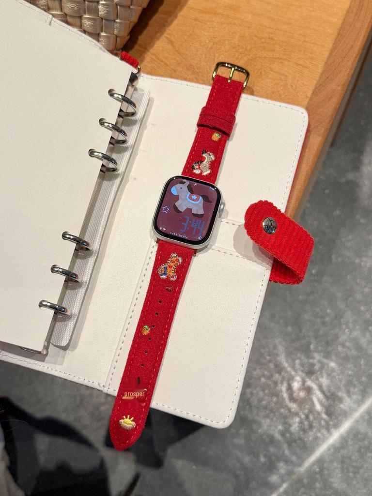 New Year Small Horse Embroidery Velvet Leather Strap for Apple Watch Series 11 10/9/8 Ultra SE