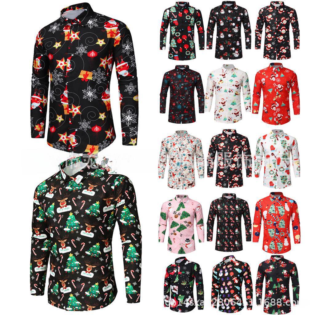 2022 European & American Men's Santa Claus Print Long Sleeve Casual Shirt - 18 Colors