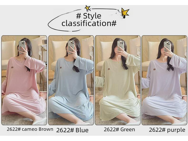 Modal Long-Sleeve Nightdress with Chest Pads for Plus-Size Women