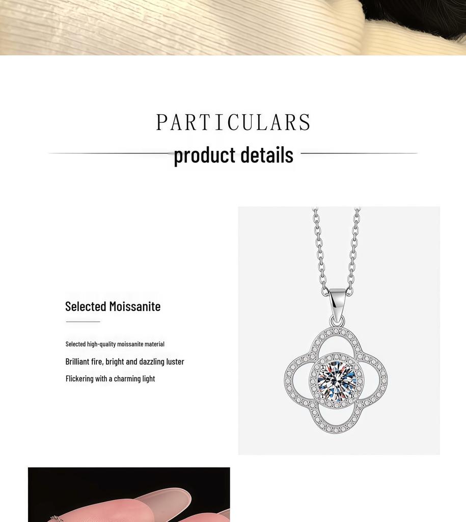 S925 Sterling Silver Four-Leaf Clover Necklace with Moissanite Pendant for Women - Colorfast Clavicle Chain, 1 Carat.