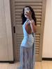 2026 European & American Style Women's Knit Backless Lace-up Tassel Maxi Halter Dress