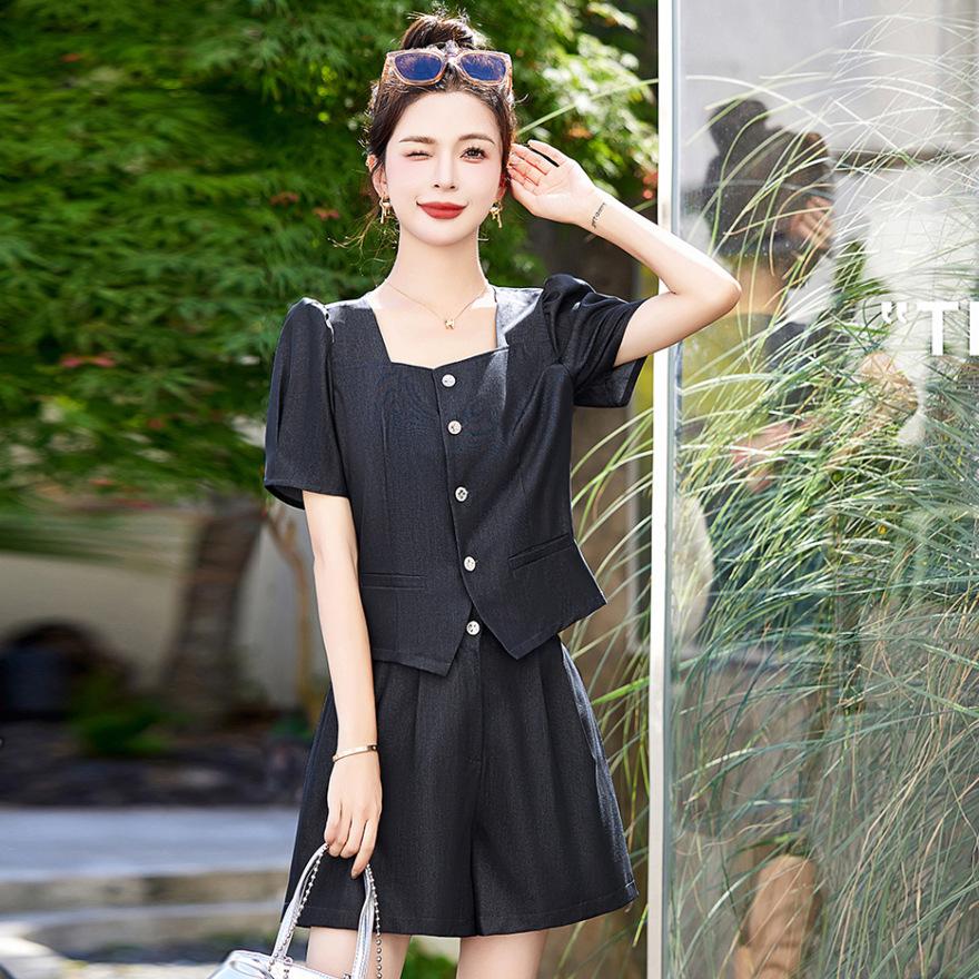 

Design Sense Suit Women s Summer Age Reduction Fashion Square Neck Denim Jacket Shorts Two-piece Set S чёрный