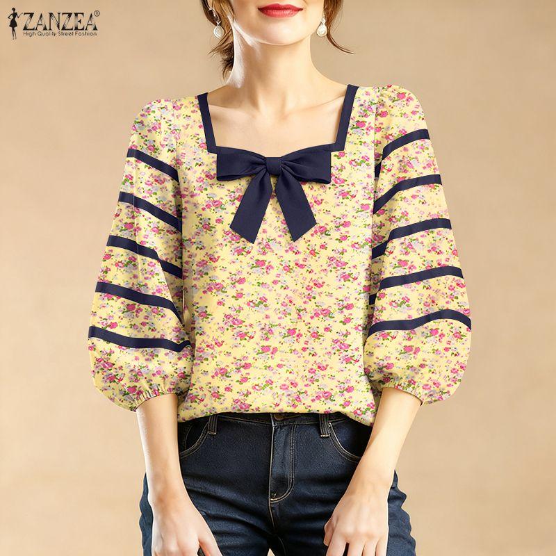 ZANZEA Women Casual Square Collar Summer Loose 3/4 Sleeve Floral Blouse