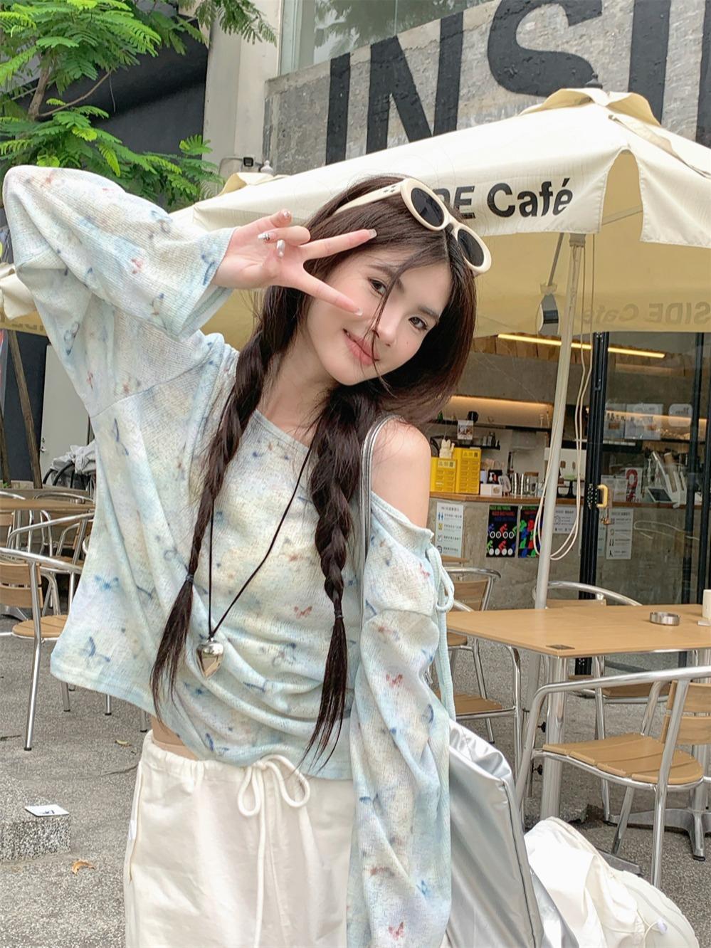 Beautiful design butterfly print long-sleeved t-shirt women s summer new straps loose sunscreen blouse top S