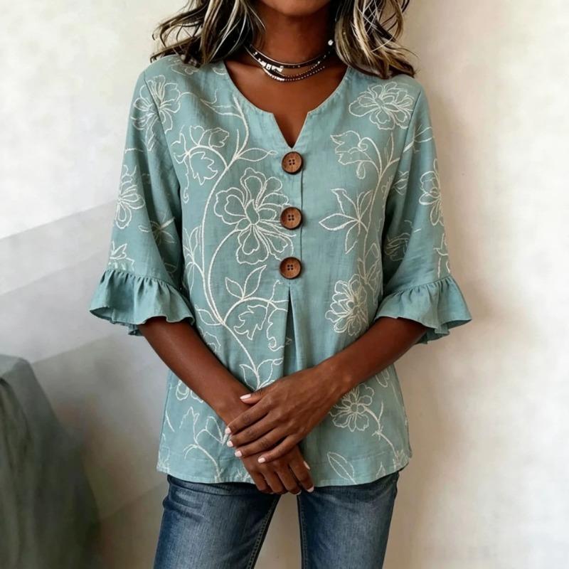 Bohemian Floral Embroidered V Neck Ruffled Mid Sleeve Loose Blouse For Women S изумрудный