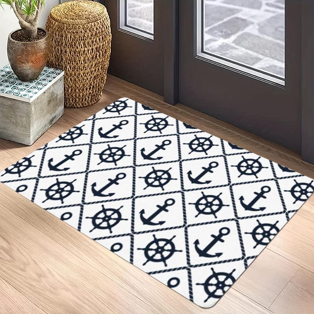 Navy Blue Anchor & Sailboat Print Carpet Mat Rug for Living Room Bedroom Indoor Home Decoration Modern Nautical Design Floor Mat