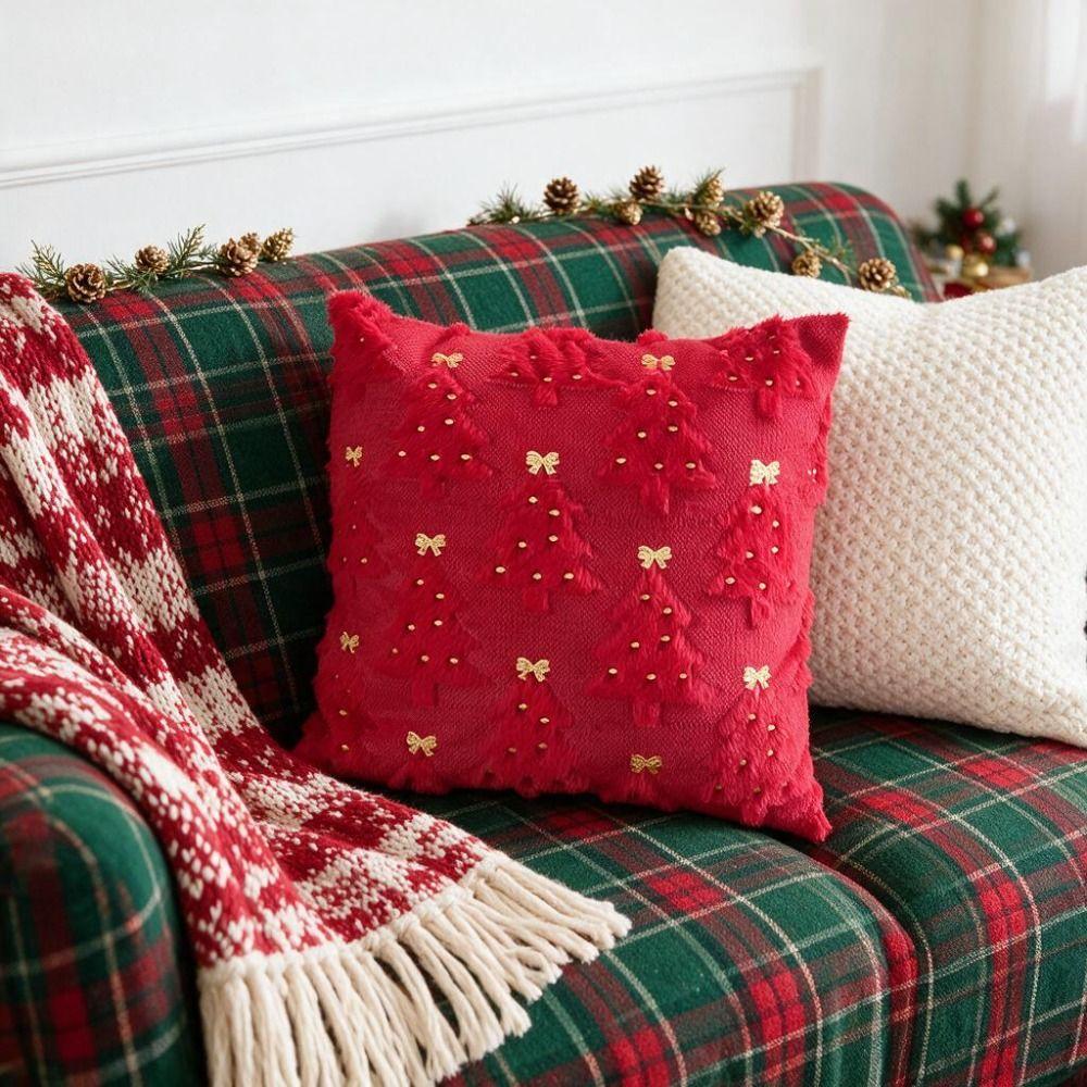 Plush Christmas Decorative Cushion Cover Christmas Tree Wreath Pattern Embroidered Sofa Cushion Slipcover Square Hidden Zipper