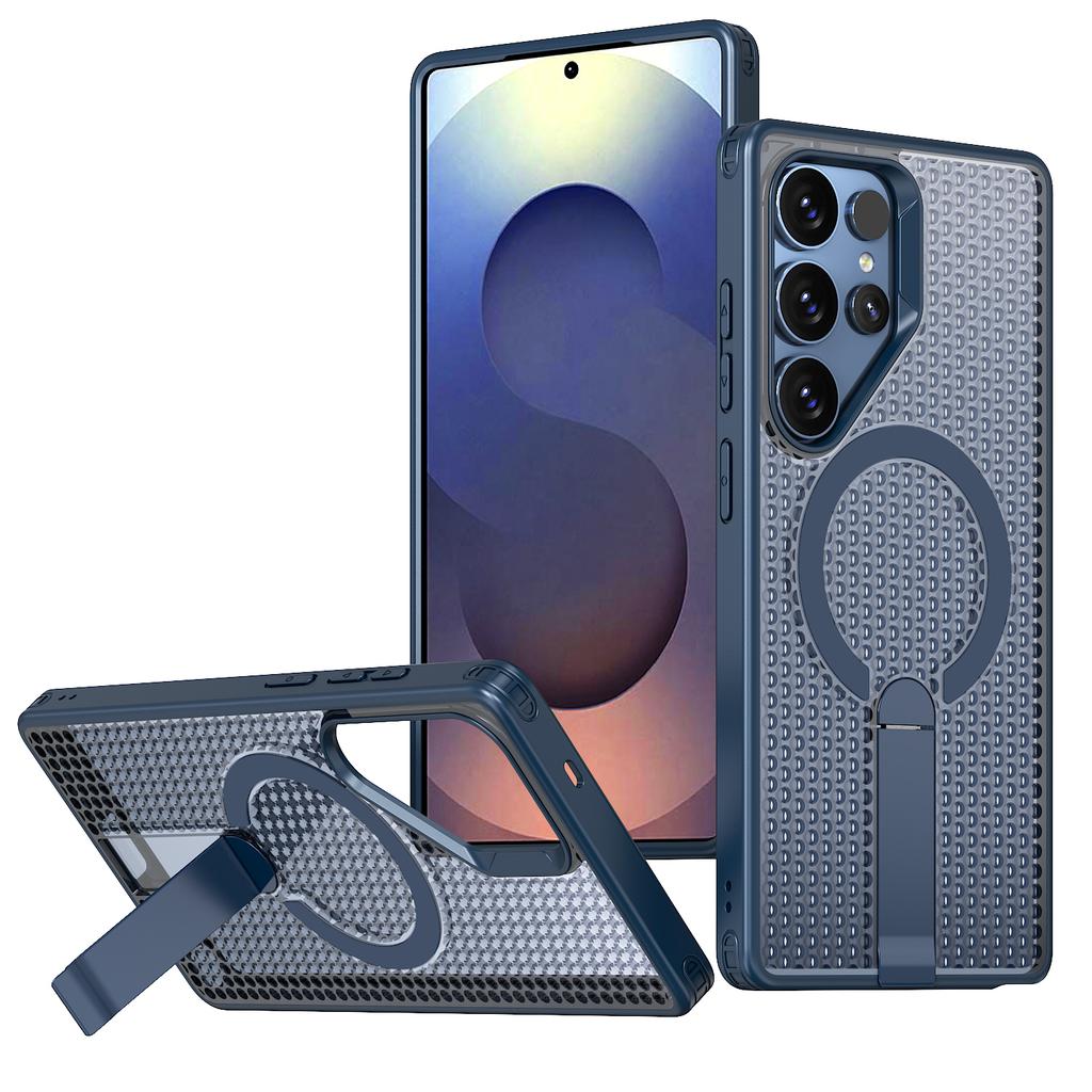 Luxury Breathable Mesh Holder Case For Samsung S25 S24 A14 A15 Ultra Plus Magnetic For Magsafe Stand Cooling Shockproof Cover