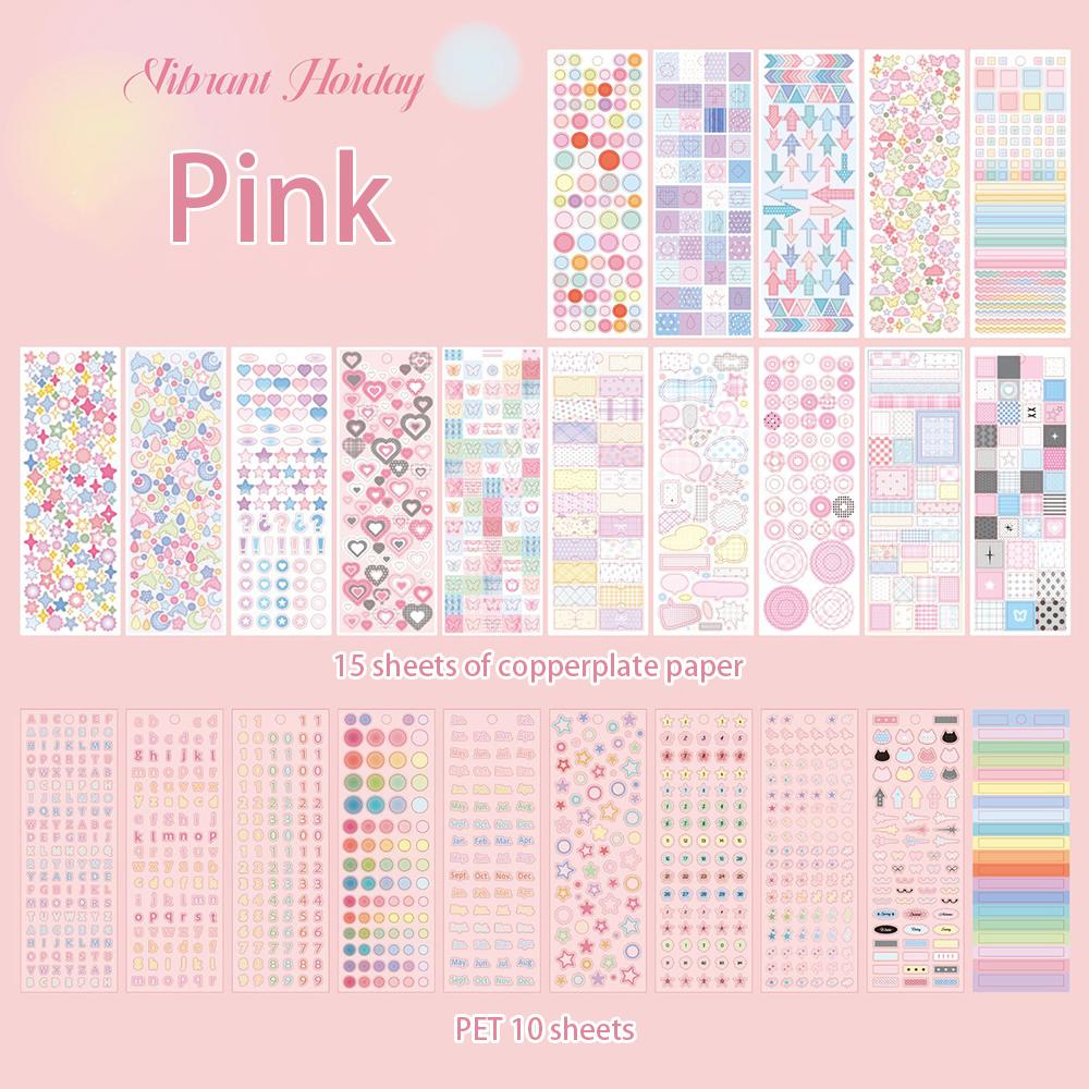 

25 sheets Sticker Book Colorful World Series Ins Style Basic Pattern DIY Memo Key Marking Stickers, Copperplate Paper+PET