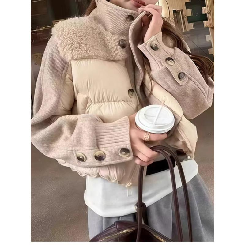 Fashion Woolen Spliced Down Padded Jacket Women's Winter Short Coat Loose Parkas Thicken Warm Stand-collar Outerwear
