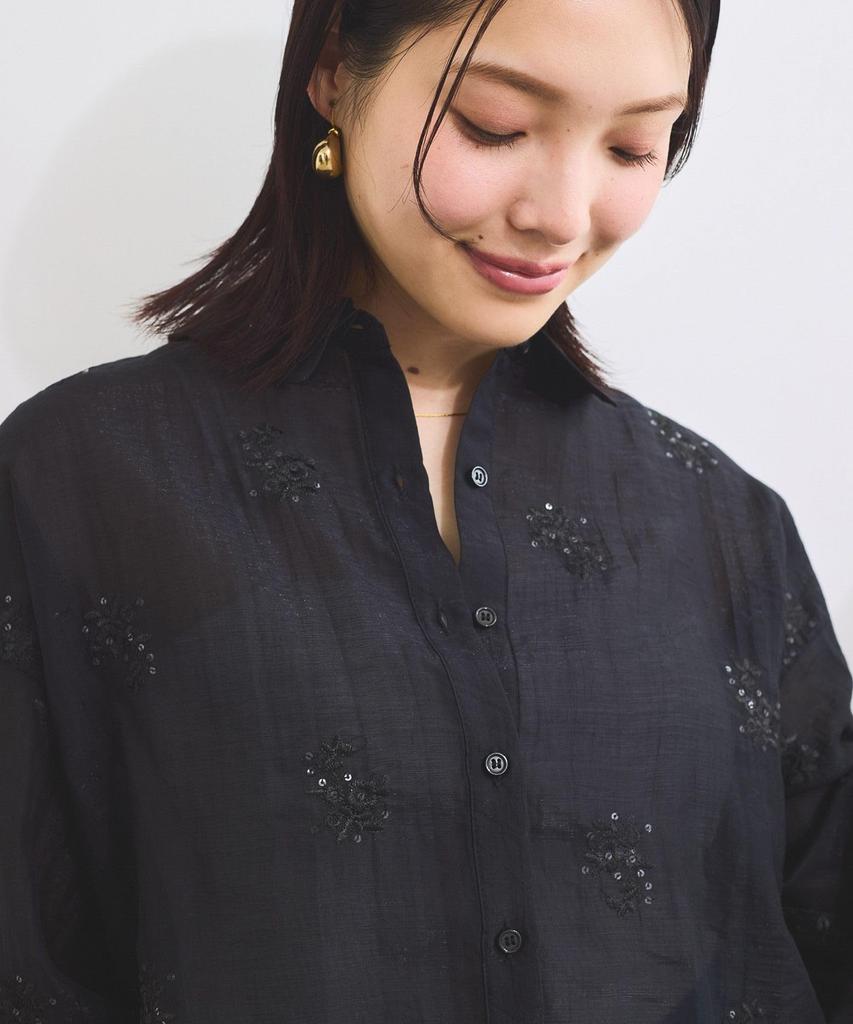 Blouse Floral Embroidered Shiny Sheer Blouse for Black [BIS] [WEB Exclusive] Women, (02)
