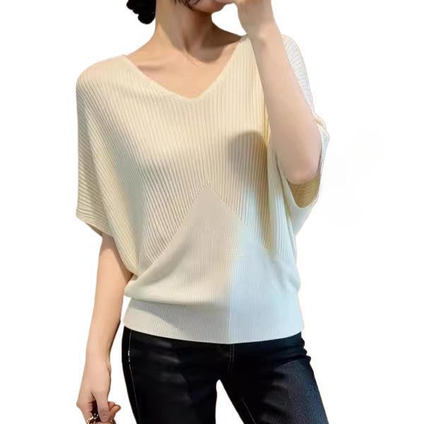 Women's Plus Size Summer Ice Silk Batwing Sleeve Knit T-Shirt - Slim Fit and Solid Color