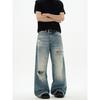 Kisko American Retro Distressed Whiskered Washed Loose Jeans for Men and Women, New Summer Style with Drape Effect