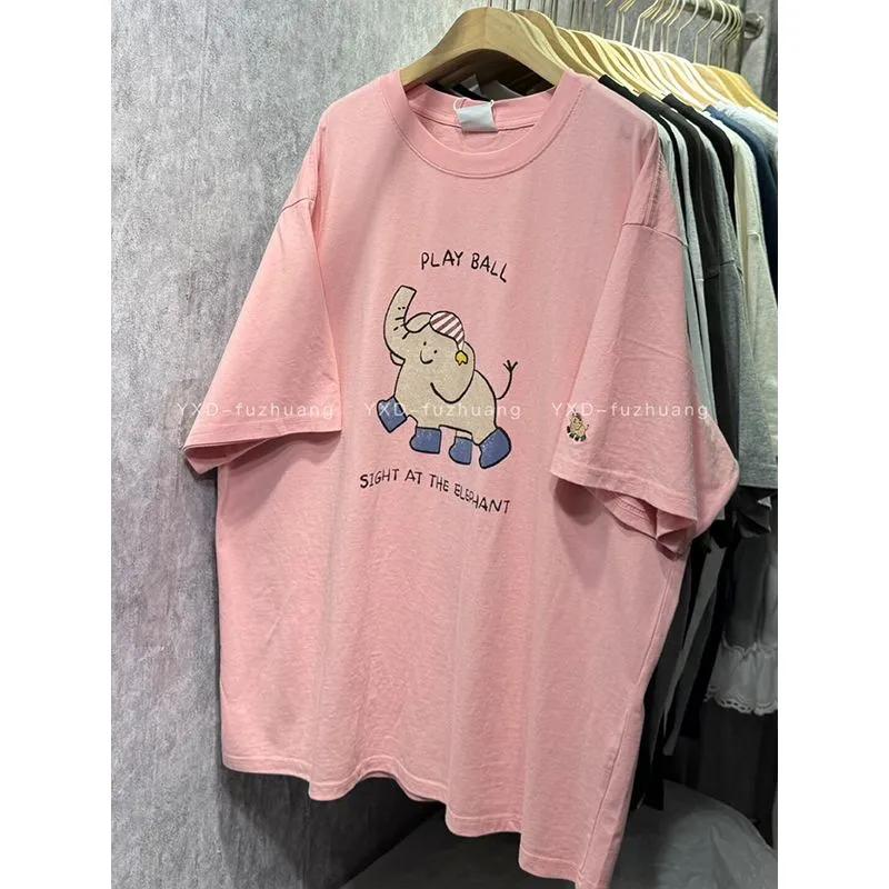 Cartoon Elephant Print Short Sleeve T Shirt Loose Casual Crew Neck Top M розовый