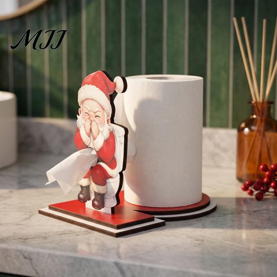 Festive Wood Paper Towel Stand Christmas Holder, Funny Snowman Elf Santa Claus Tissue Holiday Kitchen Countertop Decor Dispenser, Decorative