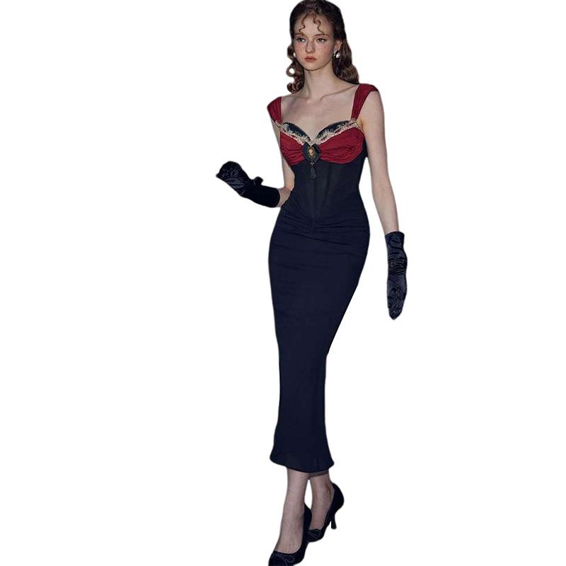 Women's Summer New French Lady Temperament Retro Long Skirt Contrast Waist Suspender Dress