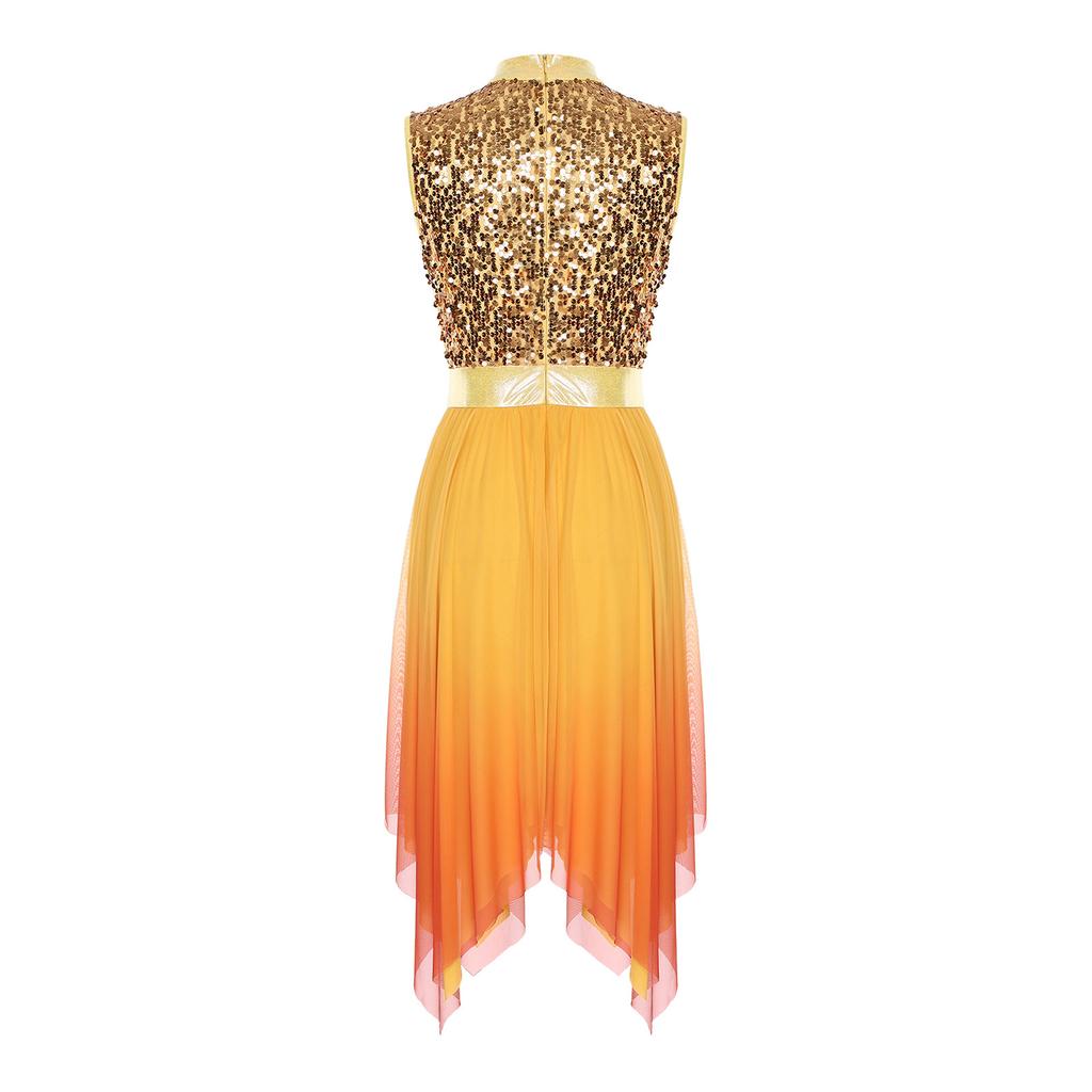 Womens Worship Praise Dance Dress Shiny Sequine Sleeveless Bodice Gradient Mesh Irregular Hem Lyrical Costume