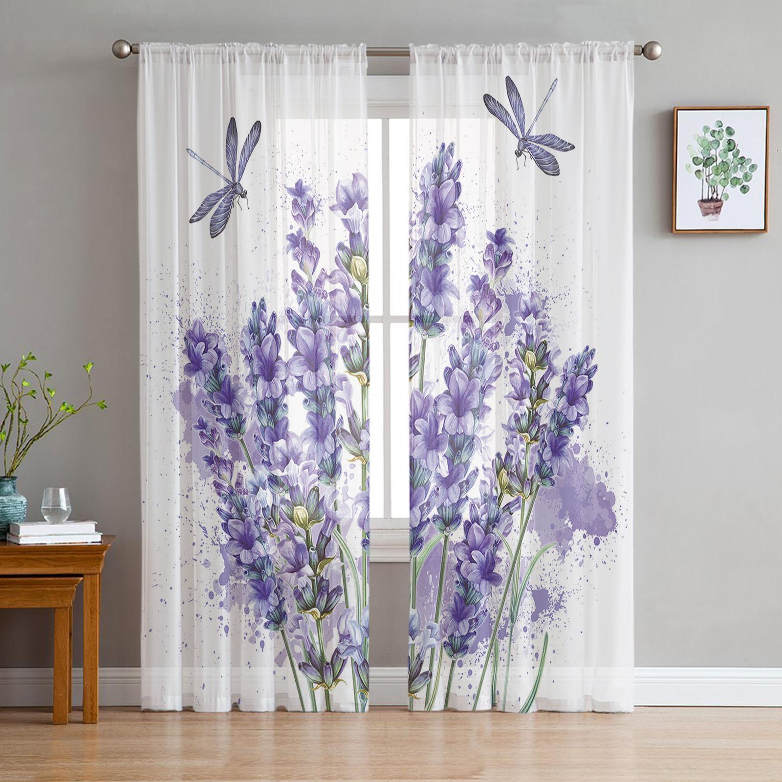 Blumen-Lavendel-Kessel Vintage Postkarte Holz Sheer Vorhänge für Wohnzimmer Dekoration Fenster Vorhang Küche Tüll Voile Vorhänge W135 x H115cm x1&Grommet Top
