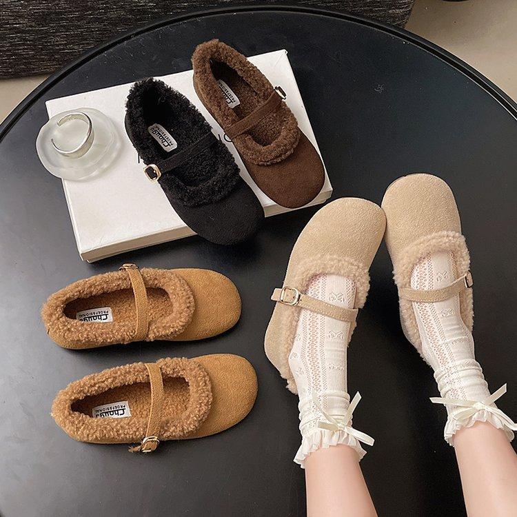 Niche Autumn and Winter Retro Fluffy Shoes Women's Flat-bottomed One-pedal Velvet Thermal Bag Head Single Shoes Go Out Comfortable Cotton Boots