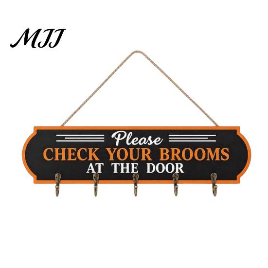 Unique Holiday Wall Art Halloween Broom Parking Sign, Check Your Brooms Wooden Hanging Sign Witch Decor with Hooks for Indoor Outdoor Front Porch Home