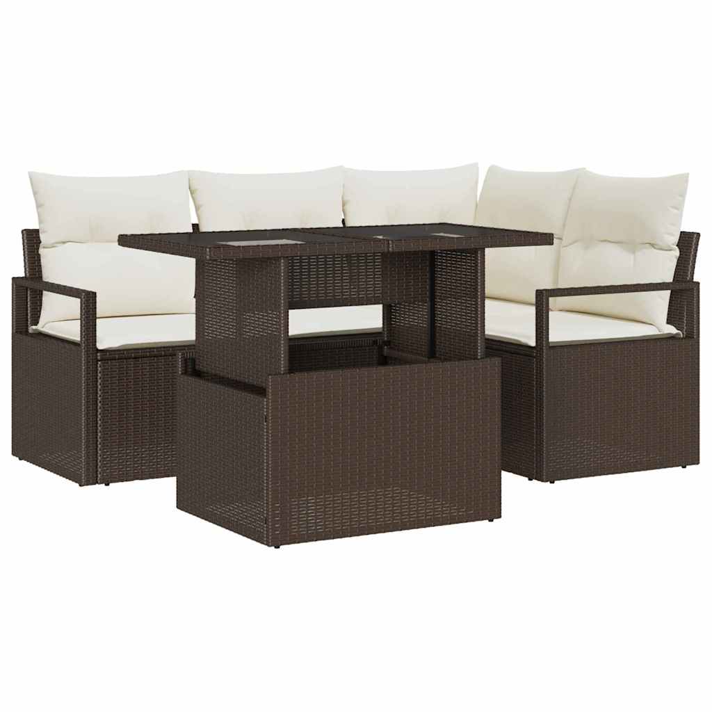 Garden Sofa Set with Cushions and Storage 5 pcs Brown Poly Rattan