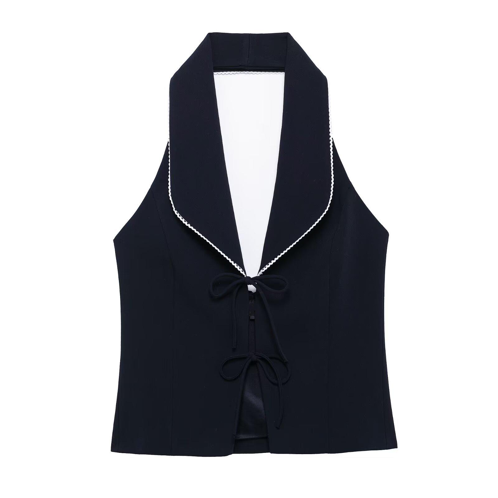 

European and American Style 2025 Spring French Bow Lace-up Halter Top Large