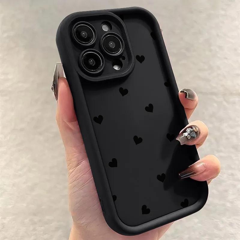 Black Love Heart Soft Matte Phone Case For iPhone 17 Air 11 12 13 14 Pro 16E 7 8 Plus Cover For iPhone 15 16 17 Pro Max Cases