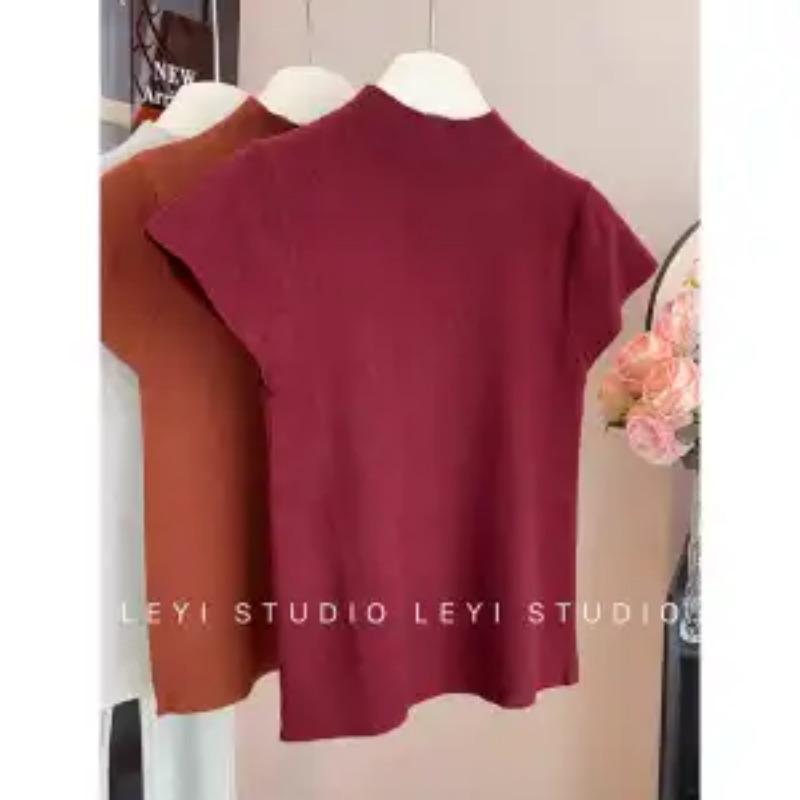 Women Summer Elegant Mock Neck Tee Slim Fit Short Sleeve Blouse