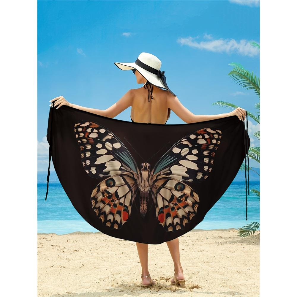 Animal butterfly print beach skirt, multiple ways to wear, cross-over irregular suspenders, seaside sun protection blouse