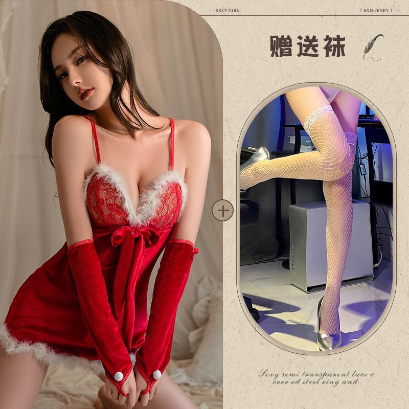 Sex underwear women's sexy plush suspender short skirt Christmas dress free