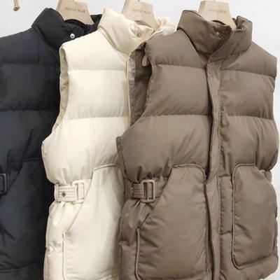 Women's Autumn/Winter Korean-Style Loose Down-Cotton Padded Vest Stand Collar Solid Color Waist-Adjustable Waistcoat Outer Wear
