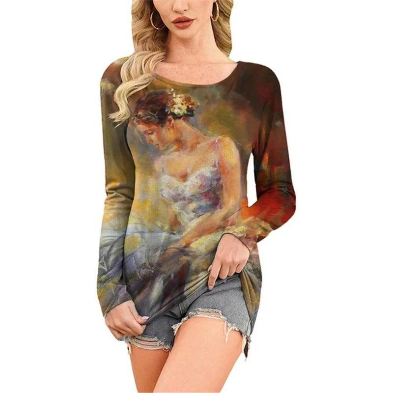 European and American Fashion Oil Painting Style Printed Casual Long Sleeved T-shirt O Neck Oversized Tees Tops Women's Clothing
